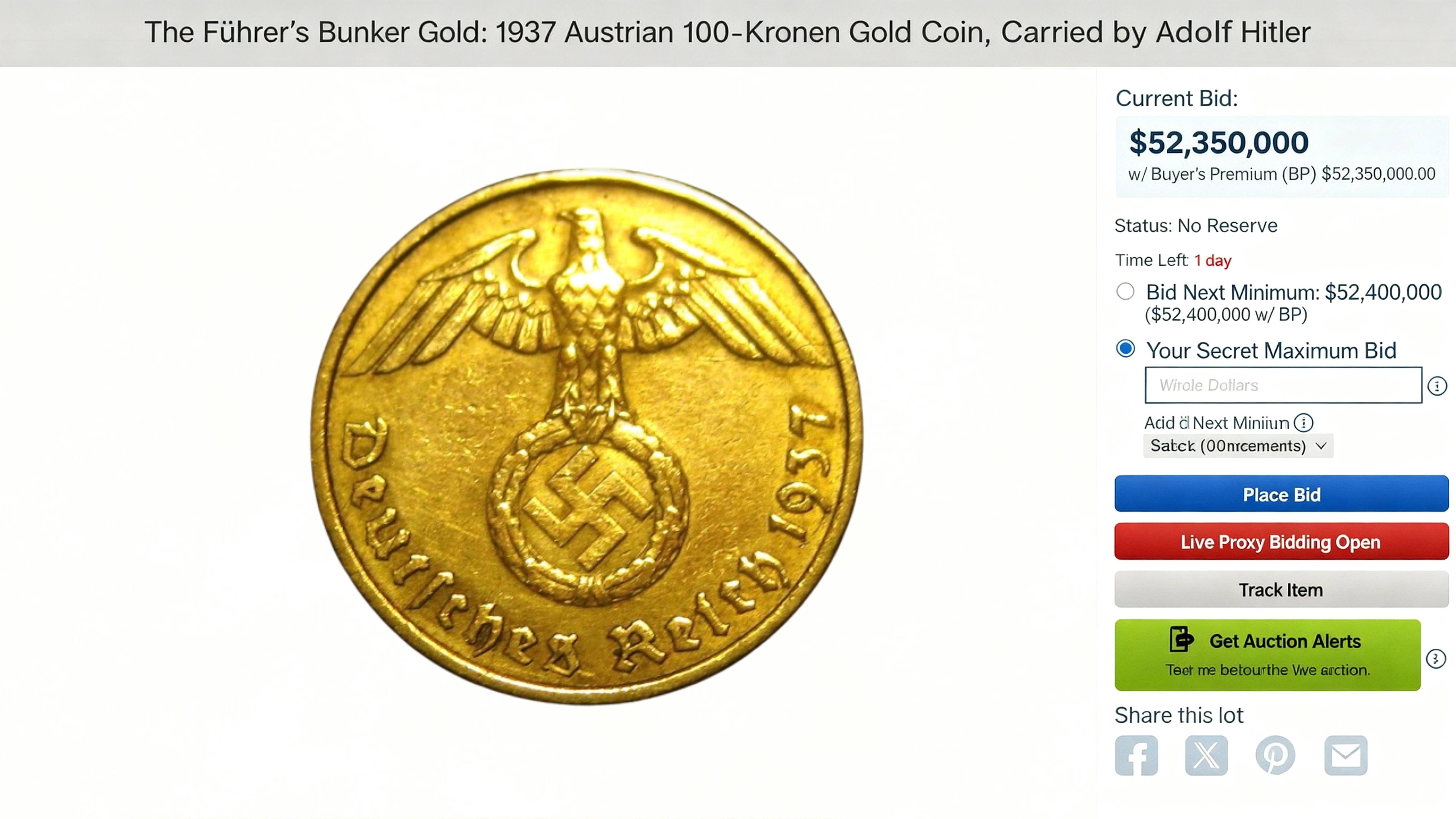 An online auction listing headed 'The Führer's Bunker Gold: 1937 Austrian 100-Kronen Gold Coin, Carried by Adolf Hitler', showing a gold coin bearing an eagle and swastika beside a current bid of $52,350,000.
