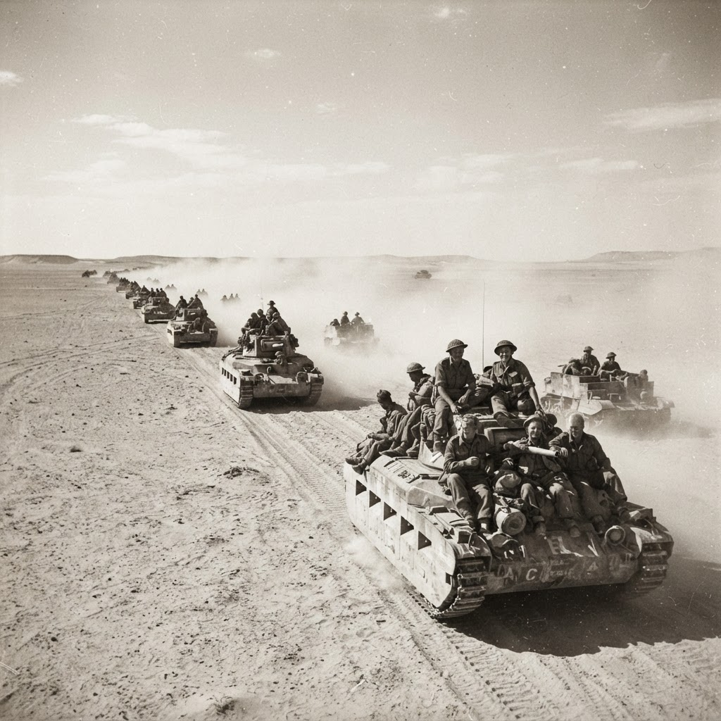 A column of tanks and armoured vehicles advancing across open desert under a vast sky.