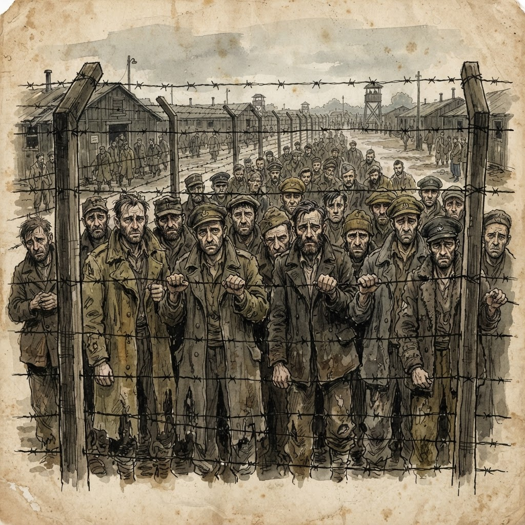 A watercolour and ink drawing of a crowd of weary prisoners of war of many nationalities pressed together behind a heavy barbed-wire fence.