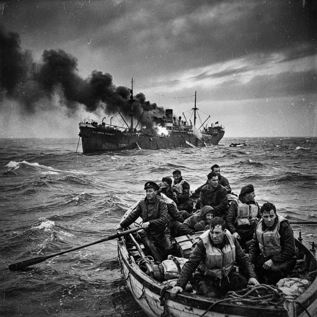 A merchant cargo ship listing and sinking in a rough grey sea, smoke rising, a lifeboat of survivors in the foreground.