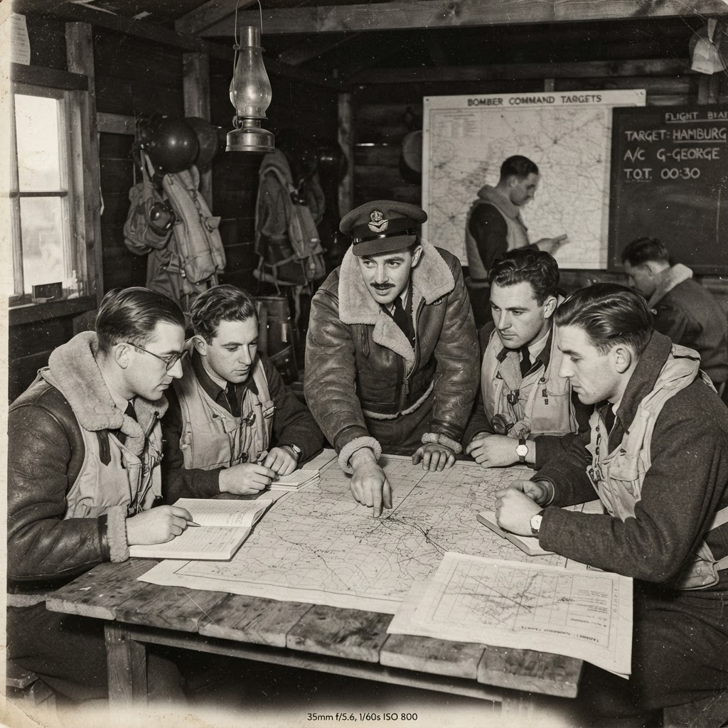 A group of RAF bomber crew in flying jackets gathered around a table studying a map at a pre-flight briefing in a wooden hut.