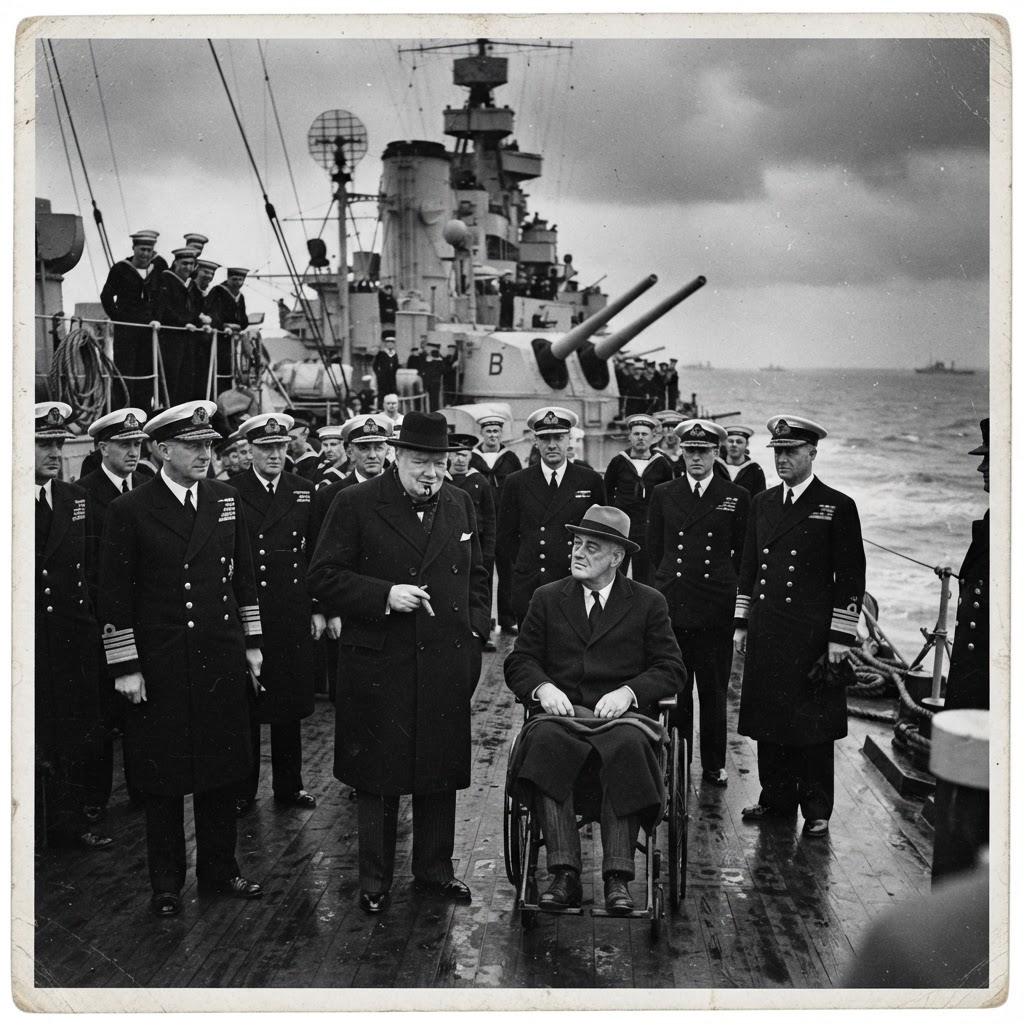 Two senior statesmen in dark overcoats standing on the deck of a warship at sea, surrounded by naval officers under a grey sky.