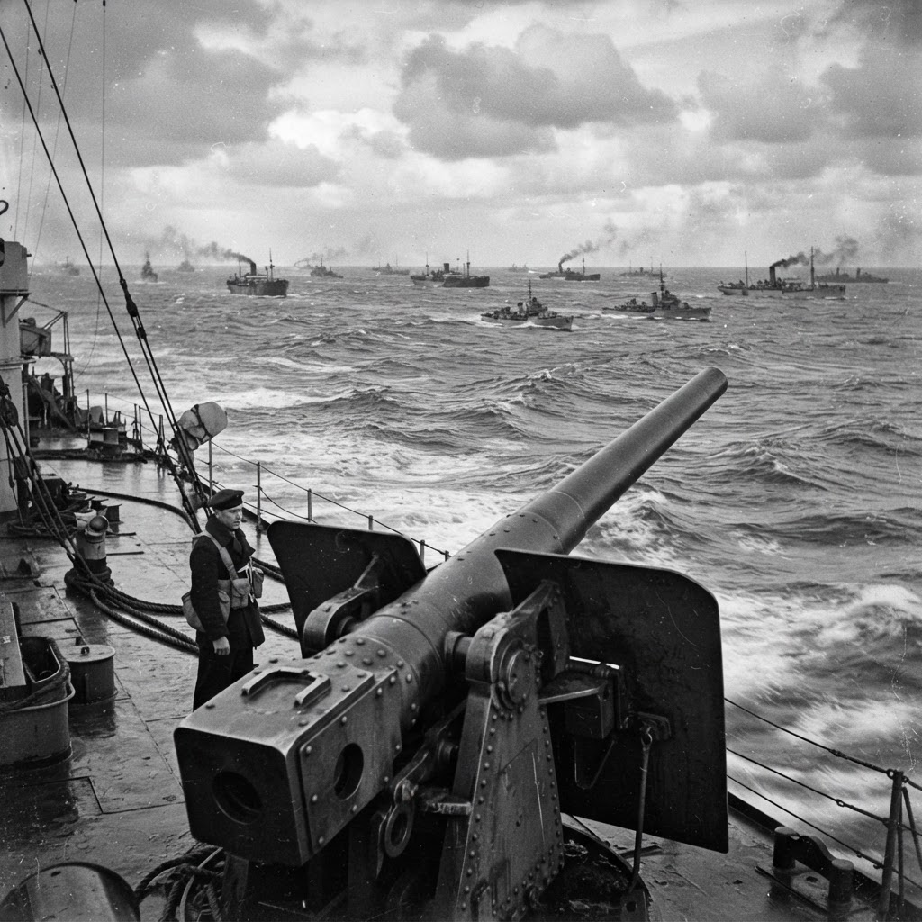 A large naval convoy of merchant ships spread across a grey choppy sea, seen from the deck of a destroyer with a gun mounting in the foreground.