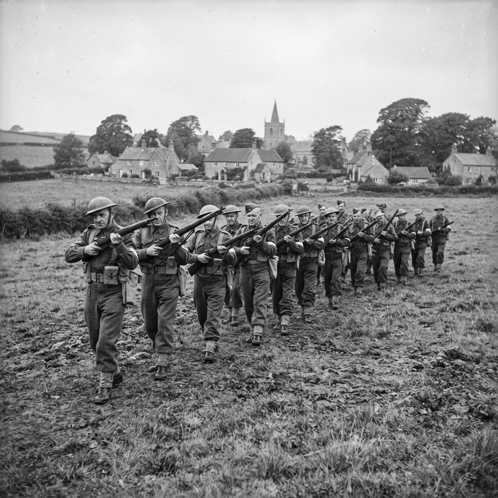 A line of older men of the British Home Guard in uniform drilling with rifles in an open field, a village and trees behind them.