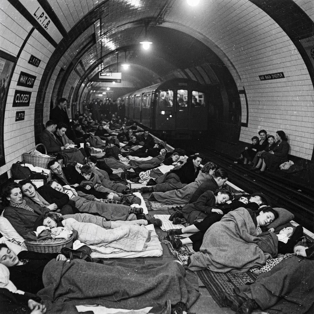 London civilians sheltering overnight on a crowded underground railway station platform, families wrapped in blankets along the platform edge.