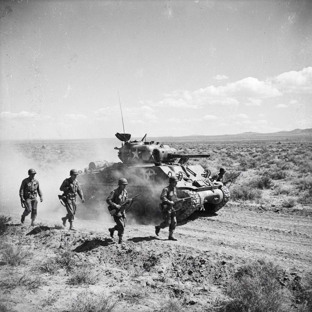 Armour advances across the open desert